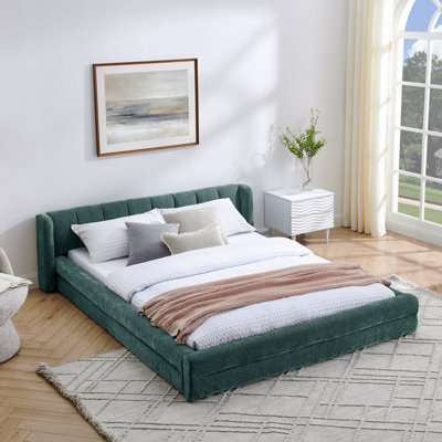 Structure de lit tapissier grand format avec tissu épais revêtu, cadre de lit plateforme grand en tissu d'ameublement en chenille avec tête de lit et cadre uni - vert et bleu