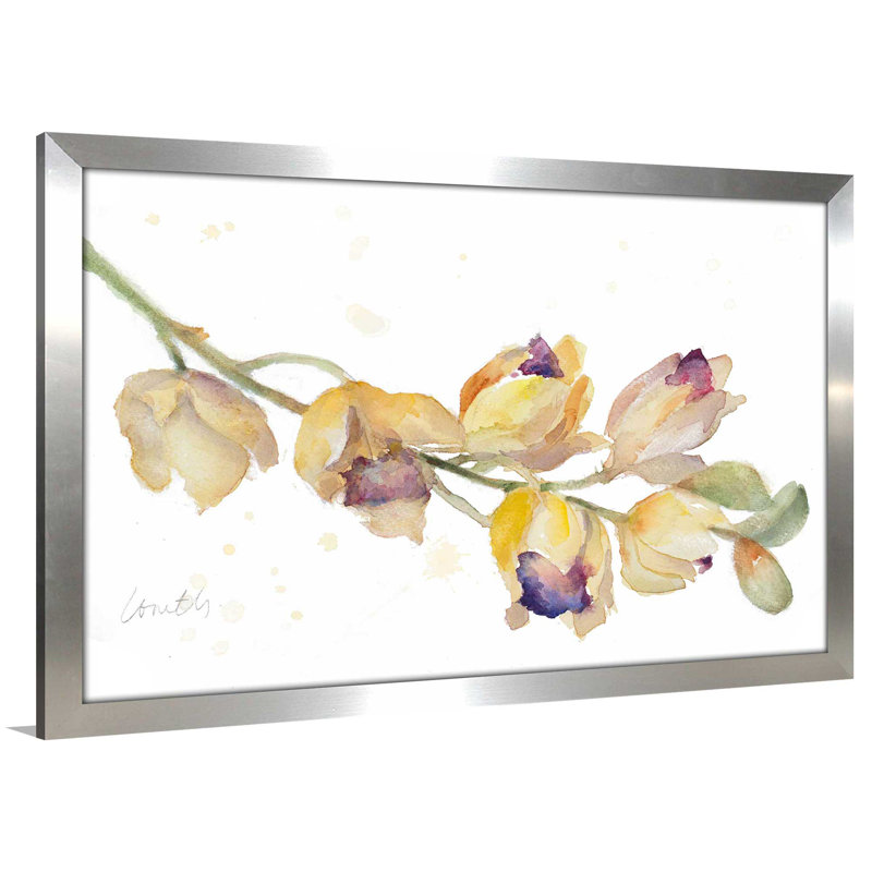 «Orchid Bud Branch», reproduction de peinture à l'aquarelle, H 33,5 po x l 49,5 po x P 1 po, Encadrement argenté