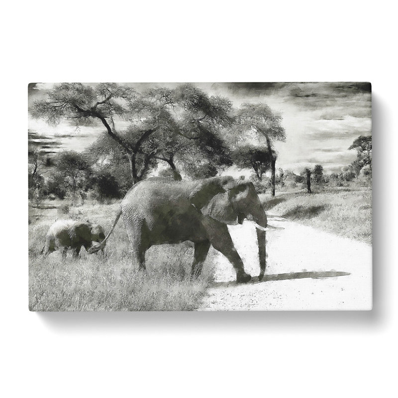 Mother & Baby Elephant Strolling - Wrapped Canvas Print, 50cm H x 76cm W x 3cm D