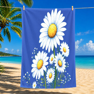 Serviette de plage 1Pcs, avec marguerites blanches et tiges vertes dans un motif aquarelle bleu vif. Grand grand séchage rapide, adapté pour la piscine, les voyages, unisexe.