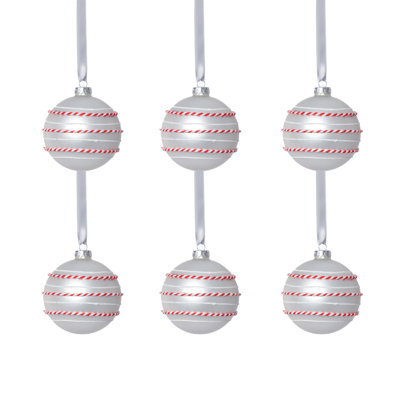 Matte Glass Ball Ornaments with White & Red Rope, Set of 6