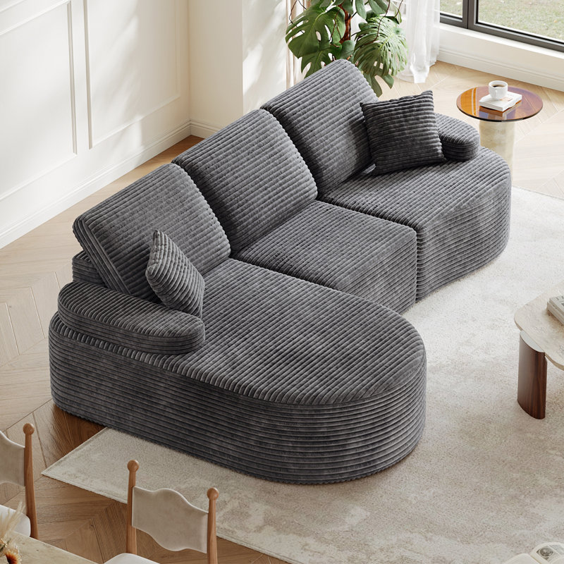 Boneless 113.4" Modular Sectional Curved Sofa with Chaise, L-Shaped Corduroy Boneless Couch, Deep Seat Corner Couch for Living Room, No Assembly Required