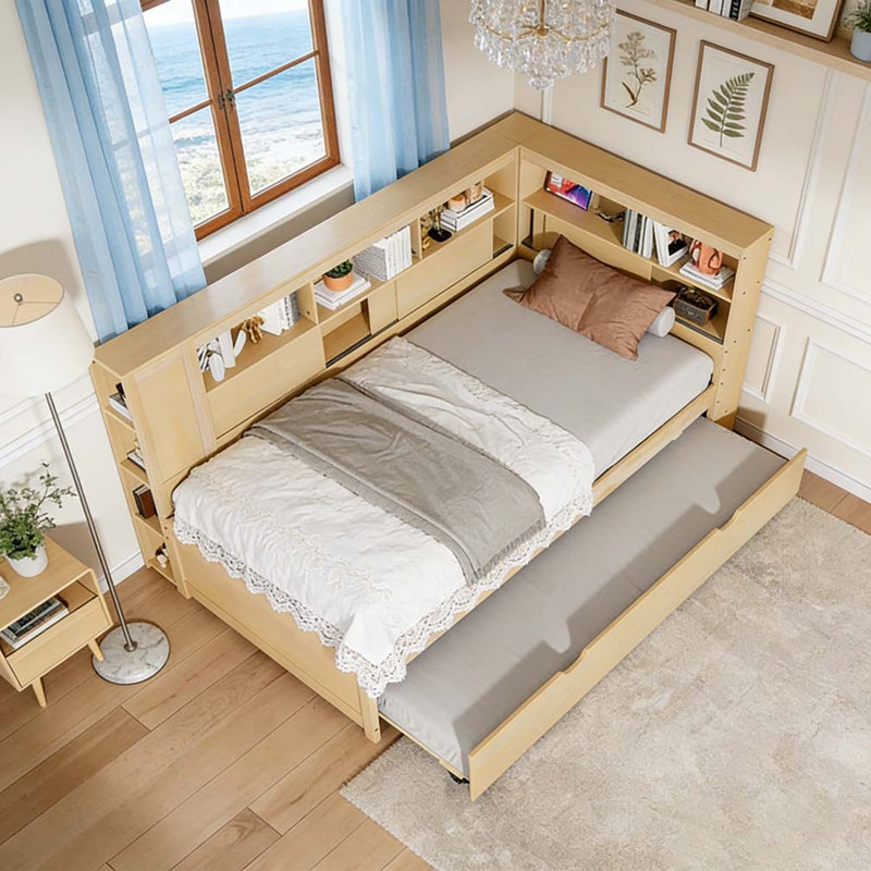 Twin Size Wood Daybed with Storage Shelves, USB and Trundle, Natural