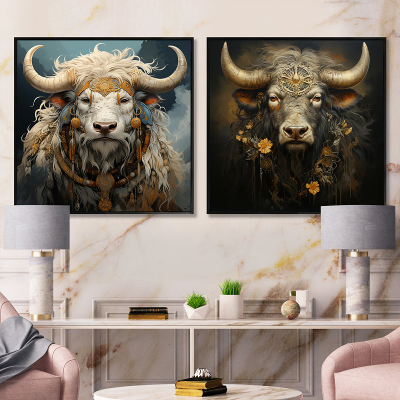 Silhouette baroque yak - animaux, ensemble de 2 collages carrés yak, Cadre flottant noir, H 16 po x l 33 po