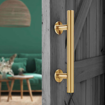 Poignée de porte de grange coulissante avec poignée en or brossé 12 po et poignées encastrées, quincaillerie de porte robuste pour portes coulissantes de placard, finition dorée moderne
