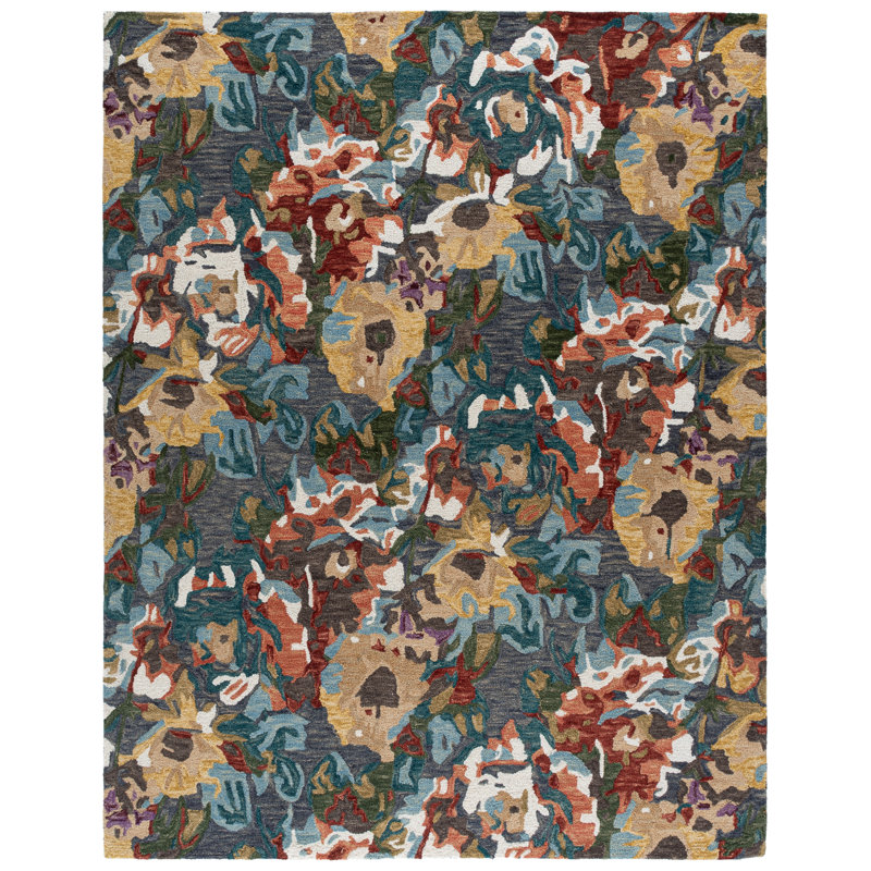 Akhira Floral Hand Tufted Wool/Cotton Area Rug in Light Blue/Rust, Rectangle 8' x 10'