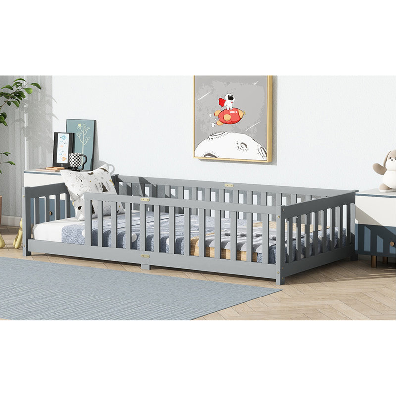 Lit simple gris avec clôture, polyvalent pour l'apprentissage et le sommeil, manuel d'installation rapide et idéal pour explorer, plateforme à 7 lattes confortable