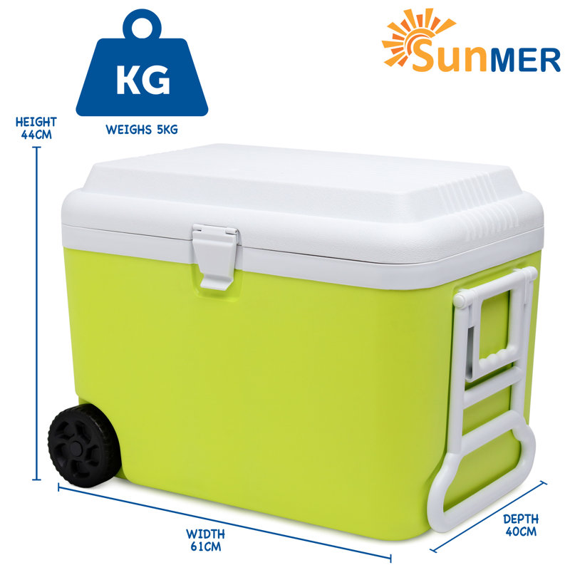 SUNMER 50L Cooler Box with 2 Ice Packs, Built-in Wheels and Handle - Lime