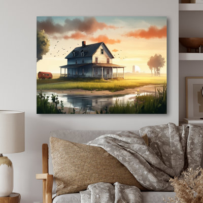 «Burning Sky At Sunset Farmhouse II», impression d'art mural paysage de ferme