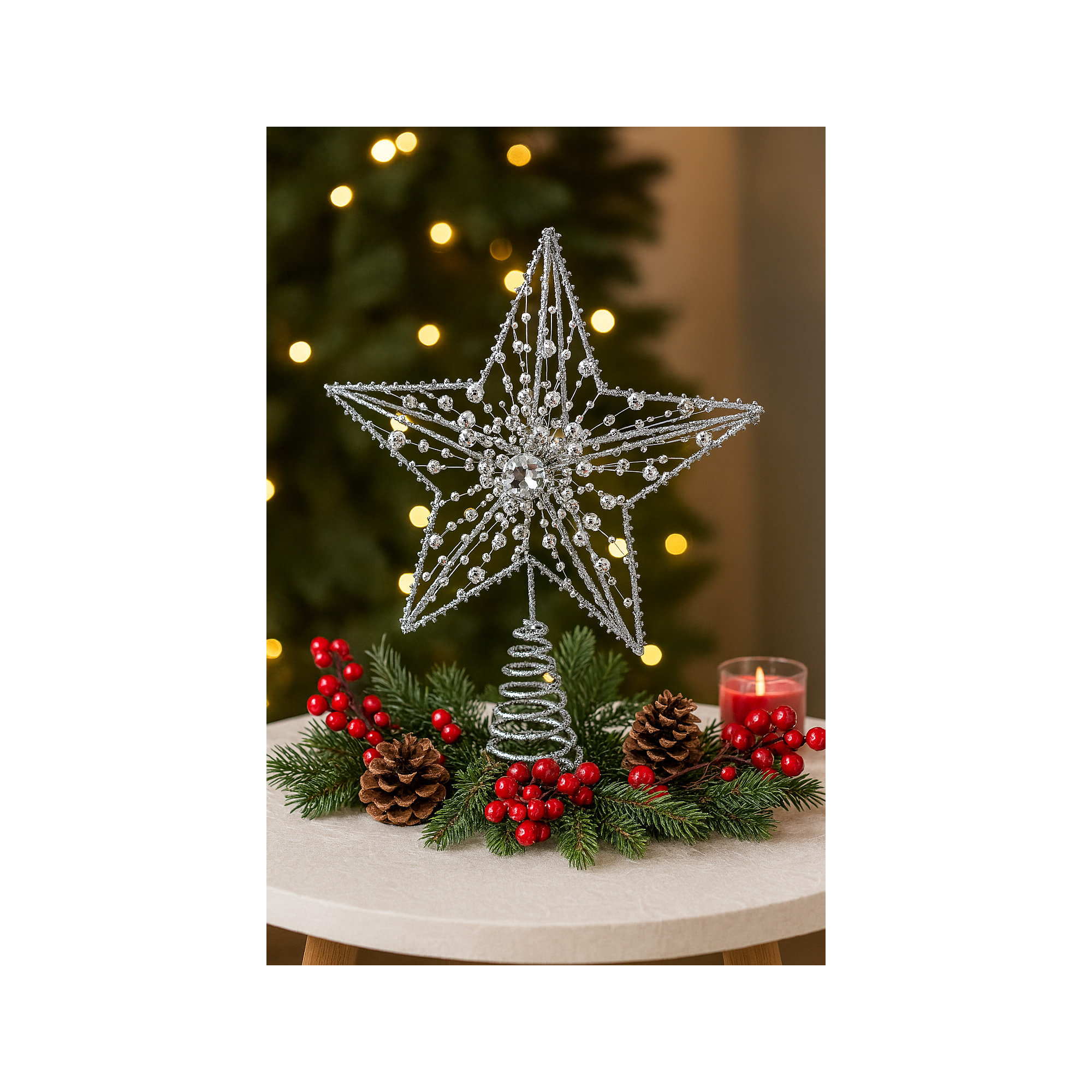 Jeweled Star Tree Topper, Silver