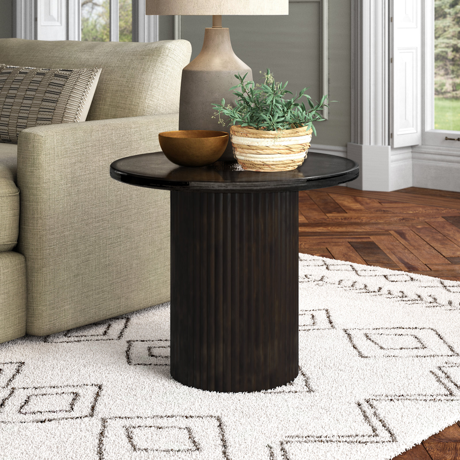 Daila Glass End Table, Moss Cast Glass Top/Rustic Brown Base