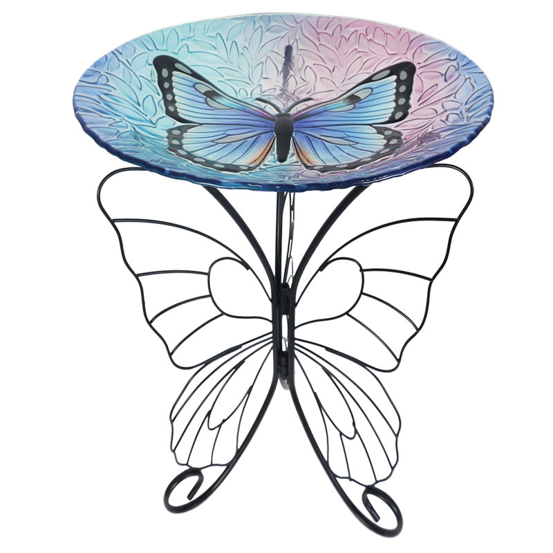 18"x18"x24" Colourful Glass Birdbath with Stand-Butterfly