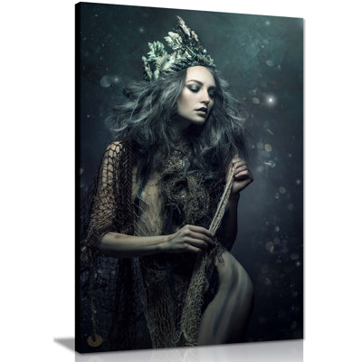 Mermaid Sea Goddess Wearing Green Crown 1 Piece Wrapped Canvas Wall Art