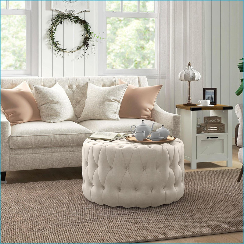 Repose-pieds de 31,5 po en velours capitonné pour le salon, vestibule | Beige | Polyester