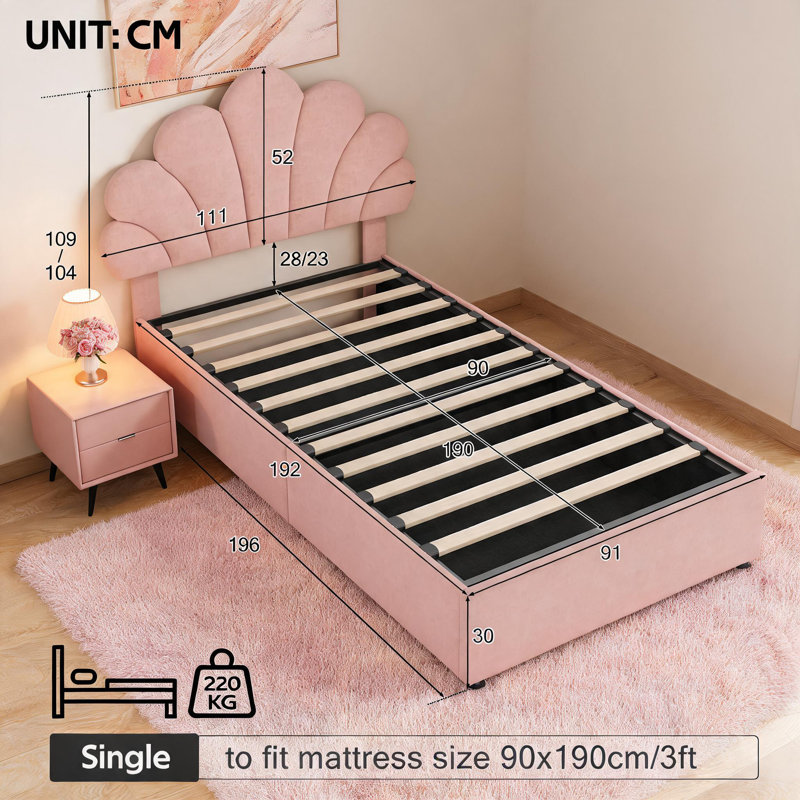Upholstered Single (3') Velvet Ottoman Bed, PINK+VELVET