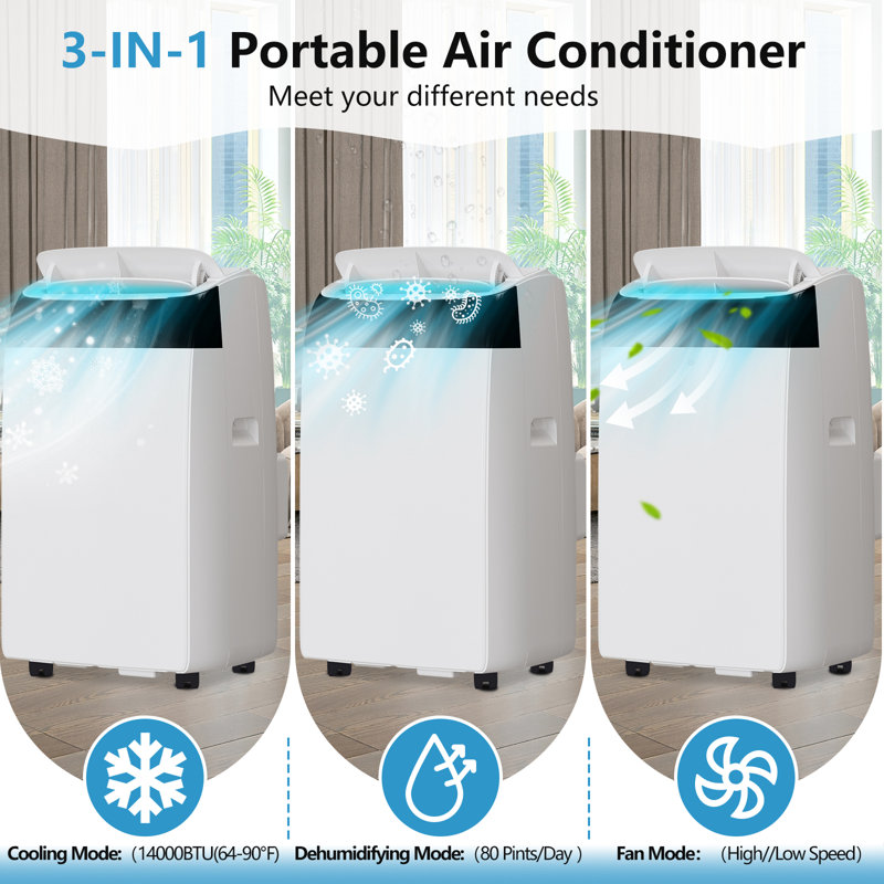 Unité de climatisation 3 en 1 portable avec déshumidificateur et ventilateur, climatiseur portatif 14 000 BTU avec télécommande pour un refroidissement écoénergétique jusqu'à 750 pieds carrés