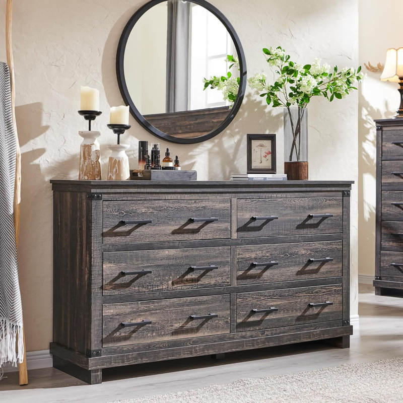 Rasiyah Farmhouse 6 - Drawers Double Dresser Organizer, Wood Rustic Wide Chest of Drawers, Dark Gray