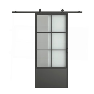42 po X 84 po Porte de grange coulissante en verre noir givré 3/4 cadre avec quincaillerie et poignée de porte