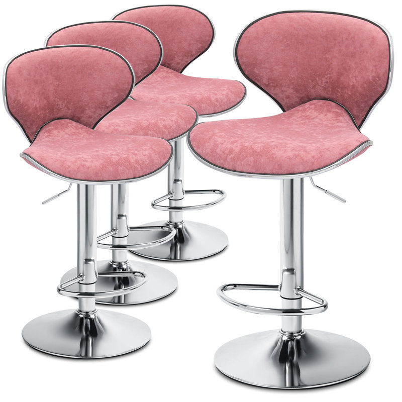 Pink Velvet Adjustable Swivel Counter Stools with Metal Frame, Set of 4