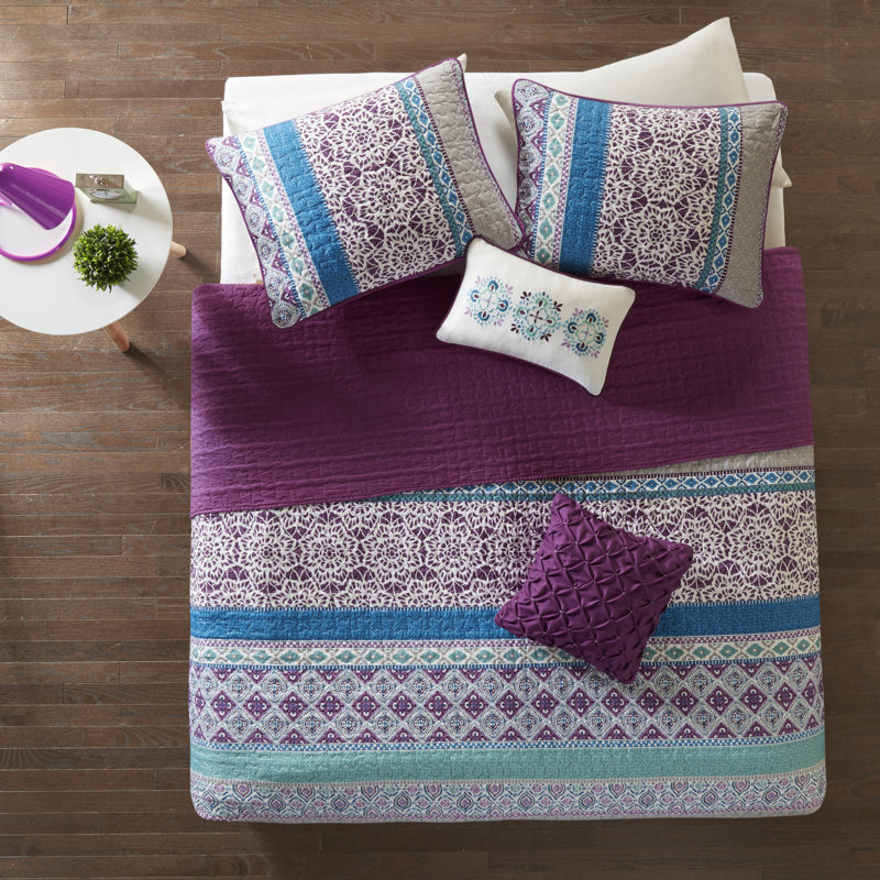 Purple Twin Boho-Chic Reversible Microfiber Coverlet Set