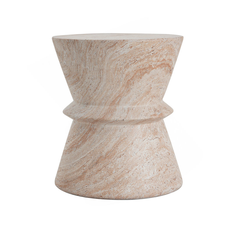Lightweight Concrete Indoor Outdoor Side Table With Travertine Finish And Hourglass Silhouette For Versatile Use.