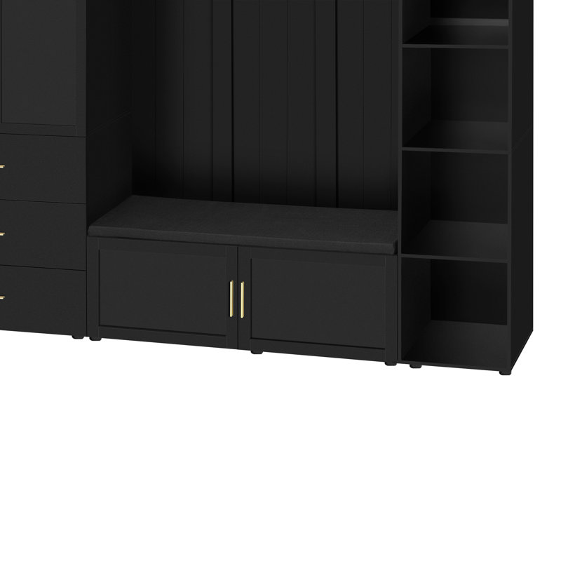 Arbre d'entrée Havenwood avec banc et rangement pour chaussures, siège rembourré et tablettes réglables, Black