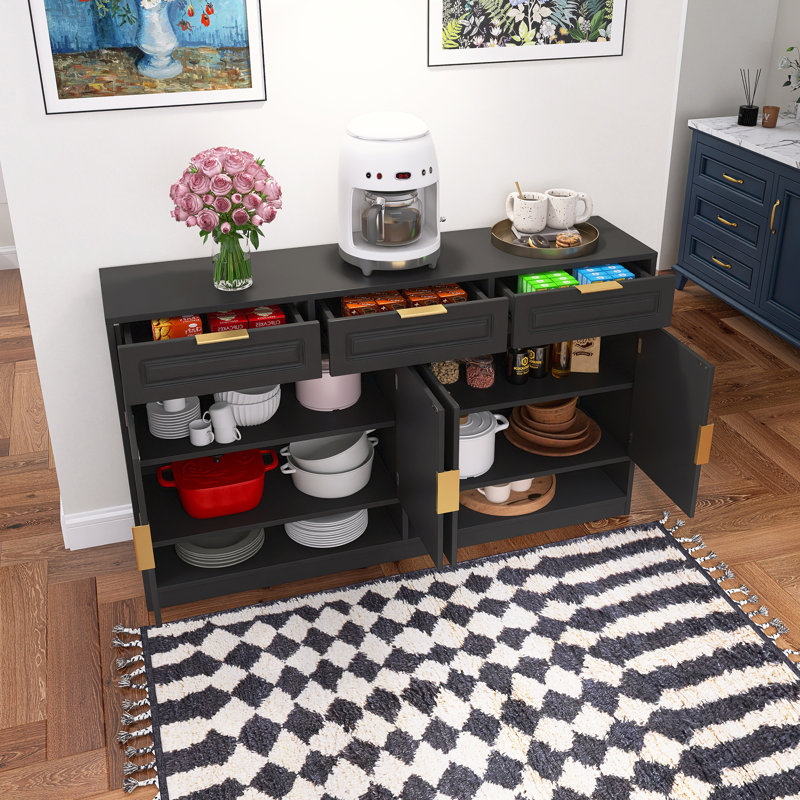 Farmhouse Sideboard With 3 Drawers & 4 Doors,59.1" Multi-Functional Storage Buffet With Adjustable Shelf And Open Storage Compartments,Black