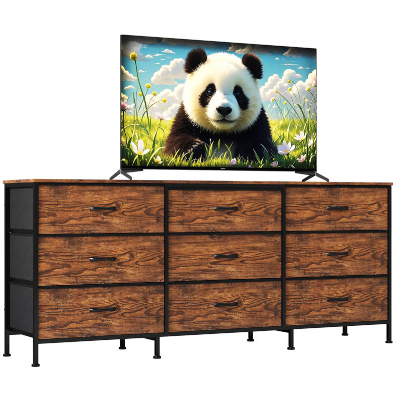 63" TV Stand, 9 Drawer Dresser for Bedroom with Wooden Top, Long Entertainment Center for Living Room, Brown