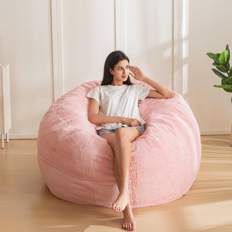 4/5ft Foam Filled Bean Bag Chair, 47.2" H x 47.2" W x 25.6" D, Pink Faux Fur