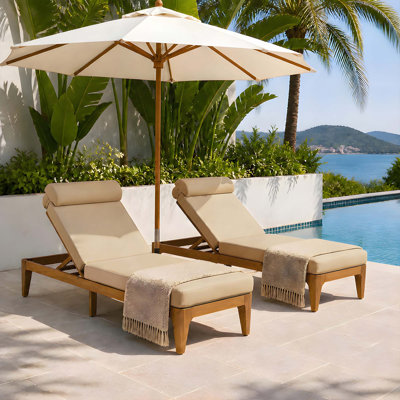 2 chaises longues inclinables en bois d'acacia avec dossier réglable et coussin pour la piscine, la cour et le jardin