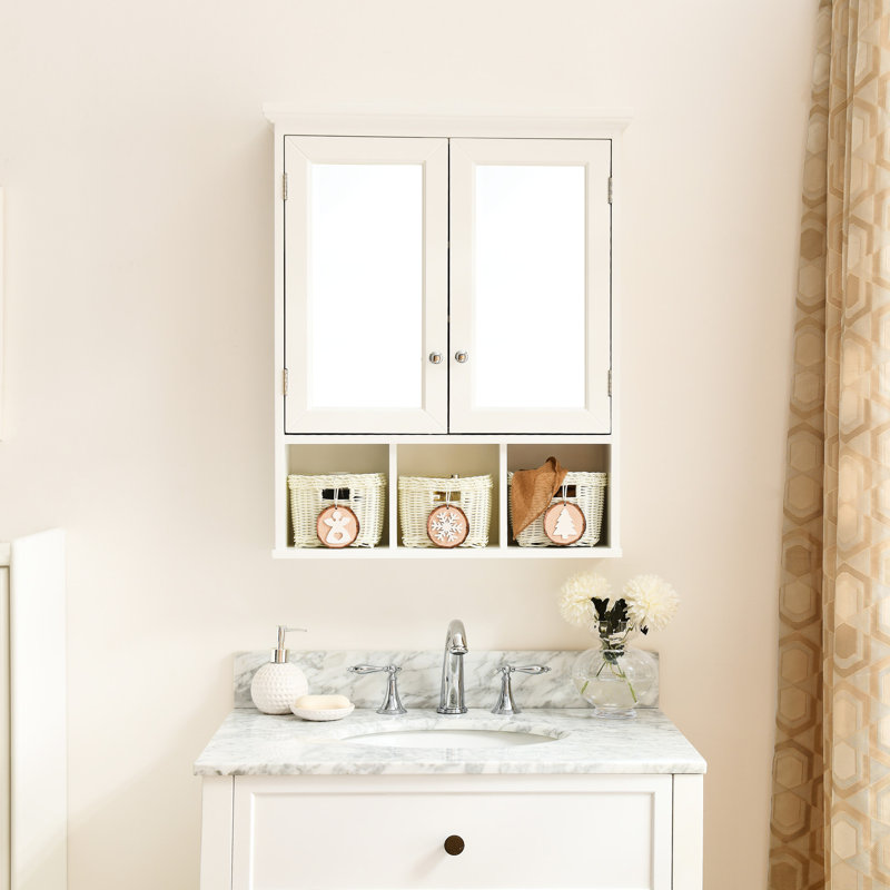 Armoire de salle de bain 2 portes avec miroir - hauteur de tablette réglable, 3 paniers de décoration de Noël pour salle de bain, cuisine, tablette de salle de lavage, arbre