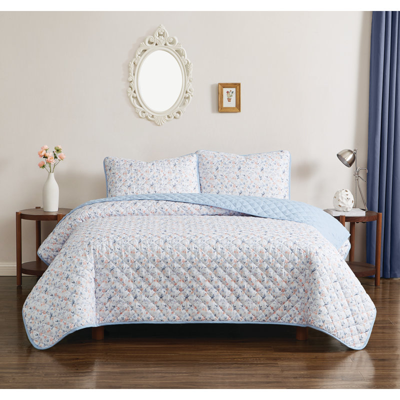 Polyester Plain Weave Floral Quilt, Twin Quilt + 1 Standard Pillow Sham