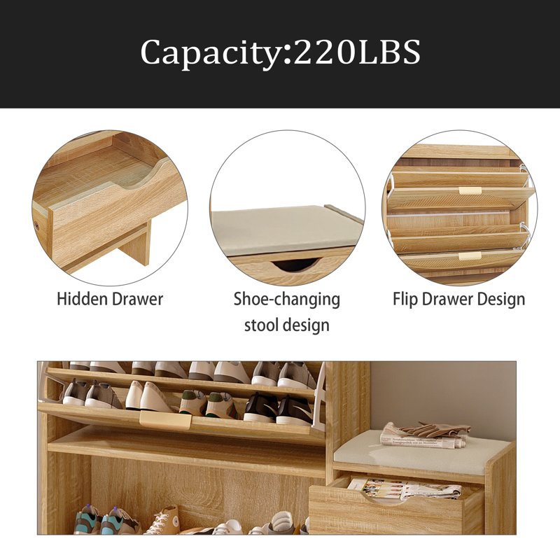 Armoire de rangement pour chaussures en rotin de 47,2 po avec 2 tiroirs rabattables, un tiroir de rangement et un banc pour le vestibule