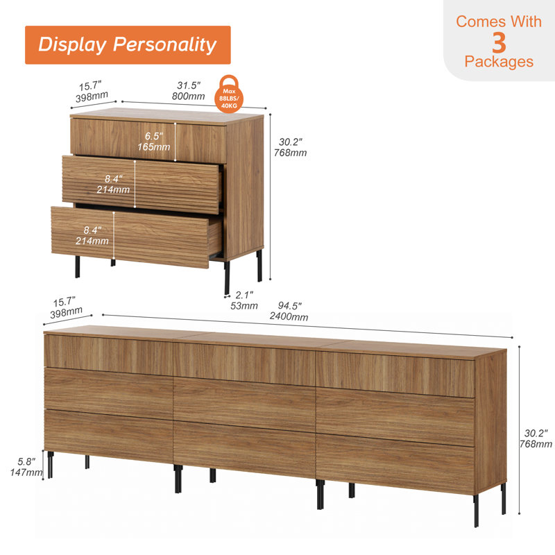 Union Rustic Modern 9 Drawer Dresser TV Stand For Tvs Up To 100 Inch, Reeded Entertainment Center, Wood TV Console With Storage For Living Room