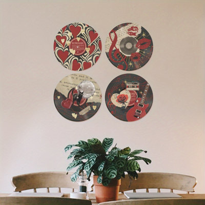  4pc Vintage Music Records Actual Vinyl PVC Record with Red Heart Score with Lipprint Cat and Disco Ball Guitar Rose and Cassette Element, Wall Aesthetic Decor for Home Hippie Room Teen Room Dorm, Gift