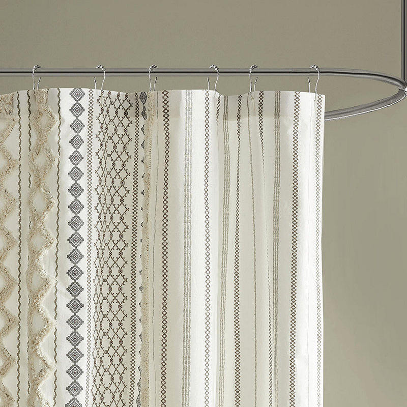 Cotton Printed Shower Curtain With Chenille, Ivory