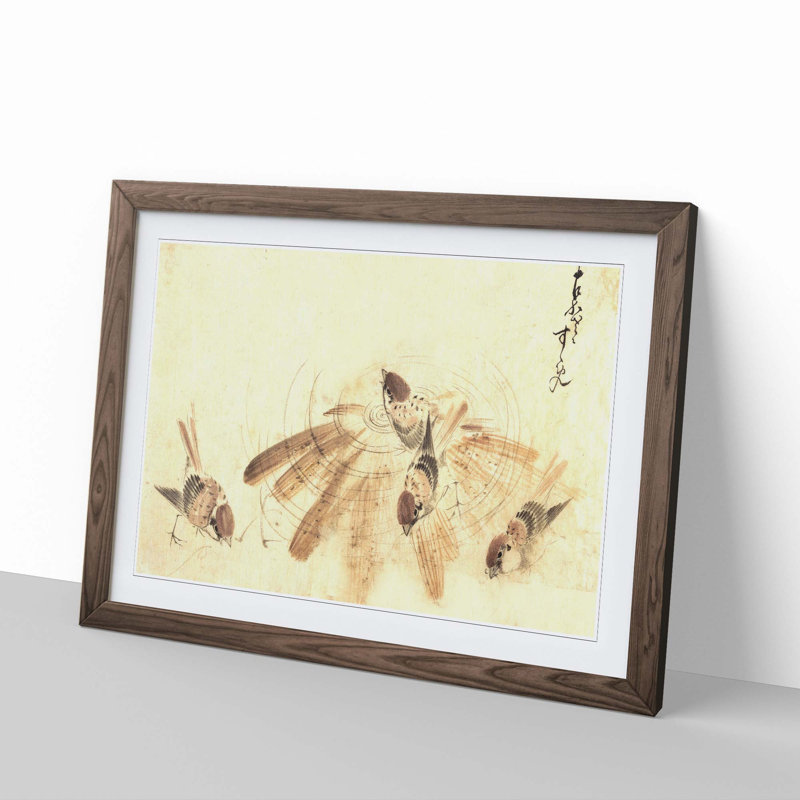 Sparrow Sketch by Katsushika Hokusai - Picture Frame Drawing Print, 27cm H x 36cm W x 2cm D, Walnut Framed