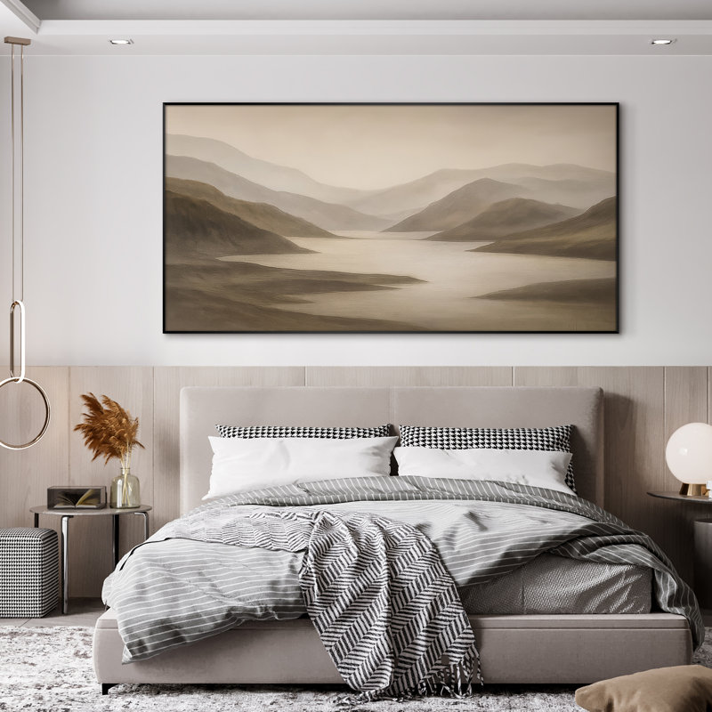 Extra Large Wall Art Fabric Print - Modern Neutral Abstract Landscape for Contemporary Home Artwork Decor for Living Room or Bedroom - "Frame Assembly Required (Unfinished Frame)"