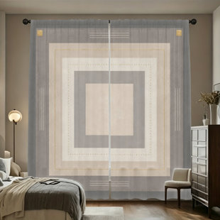 Rideau filtrant de lumière à motif géométrique moderne 2 pièces avec motif carré beige et gris, décoration intérieure contemporaine, passe-tringle facile à suspendre pour le salon, la chambre à coucher et la salle d'étude (Ensemble de 2)