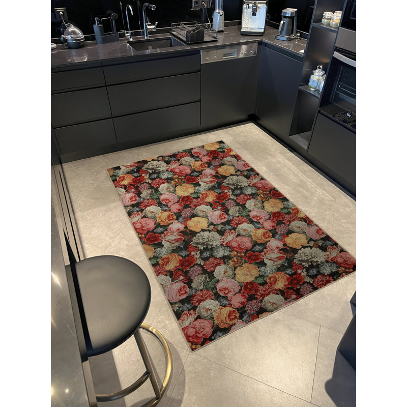 Tapis décoratif moderne multicolore à motif floral et rose