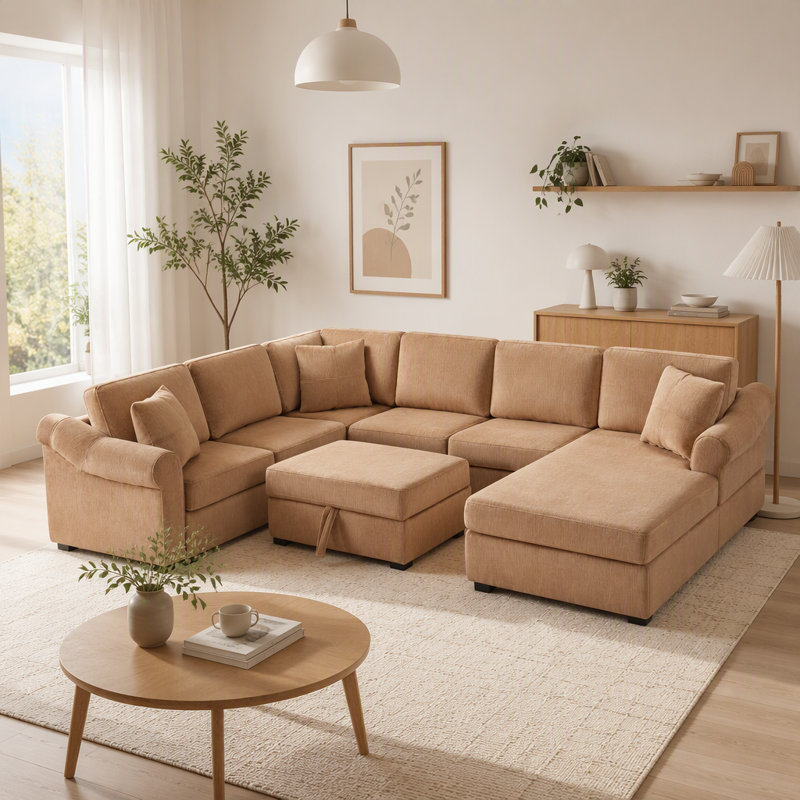 Canapé modulaire en U de 109,8 po en chenille avec repose-pieds de rangement mobile, brun, pour salon