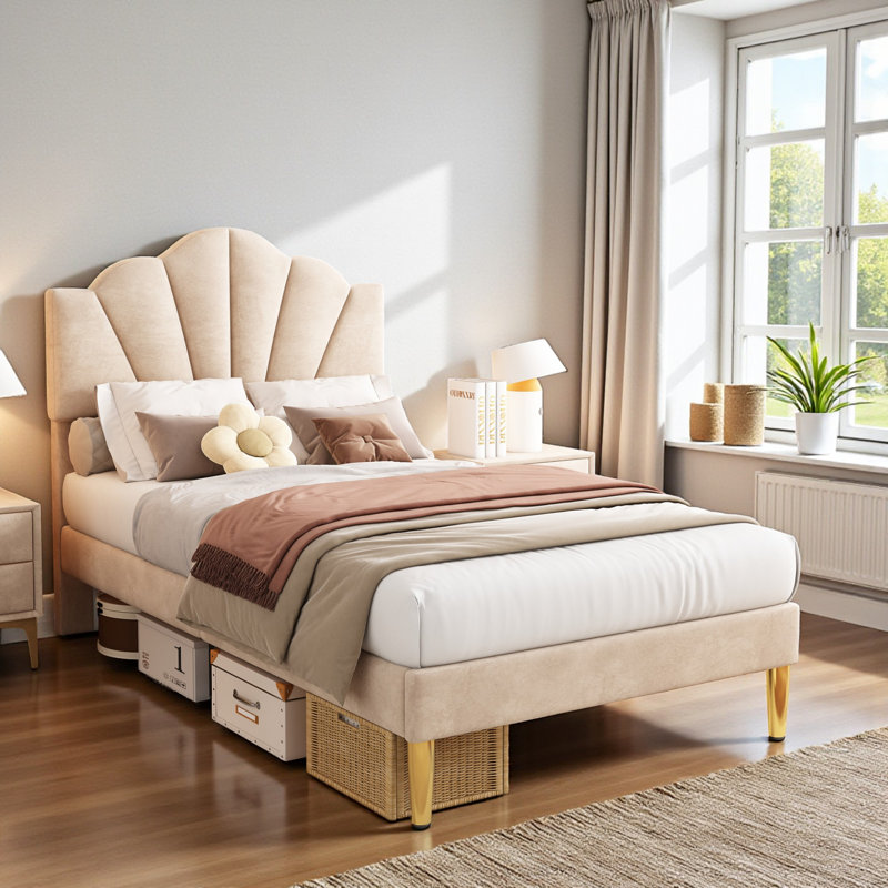 Aarna Velvet Upholstered Bed, Single (95 x 195 cm), Beige
