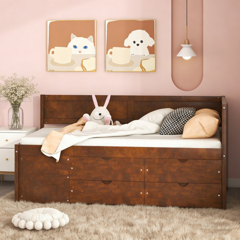 Lit de jour simple avec tiroirs et tablettes, noyer, Noyer, Simple