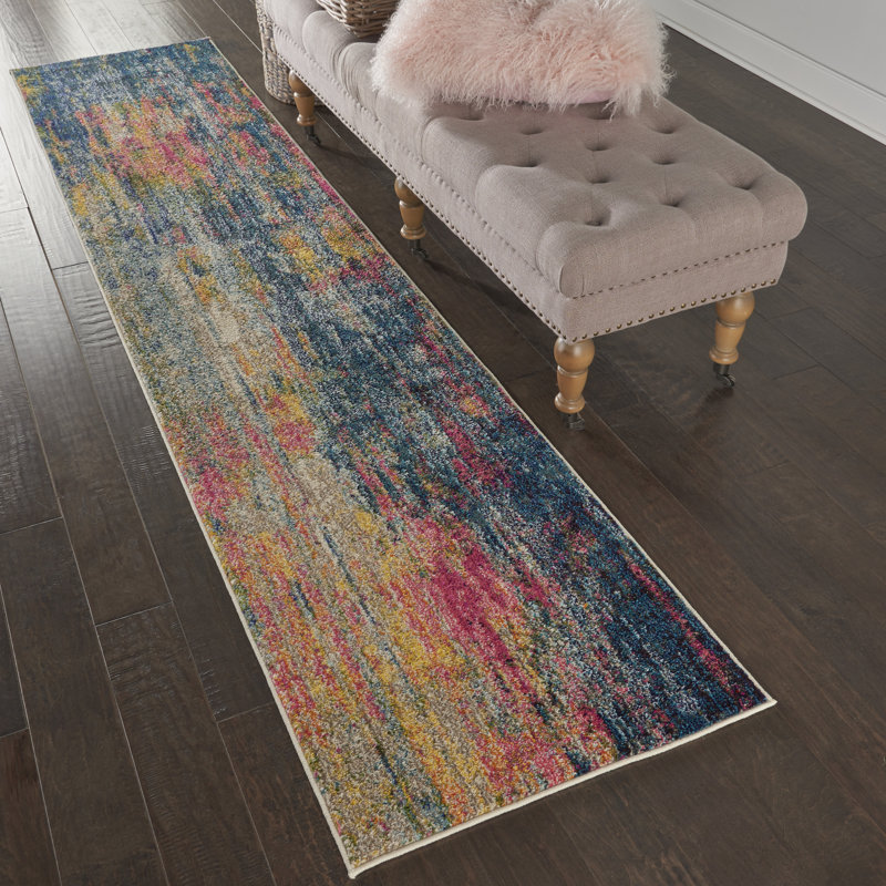 Tapis bleu contemporain contemporain, Tapis de couloir 2 pi 2 po x 10 pi