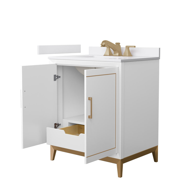 Meuble-lavabo simple autoportant 30 po avec plateau en marbre Marlena, Blanc, Bronze satiné