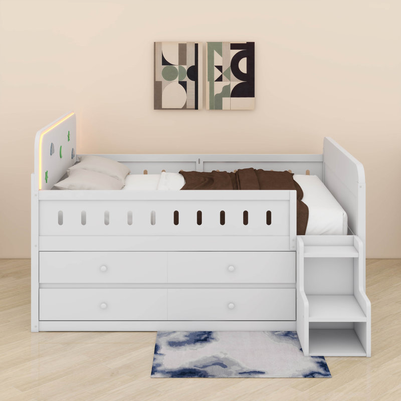 Lit double avec DEL, tiroirs de rangement, Blanc