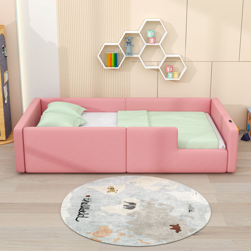 Twin-Size PU Upholstered Platform Bed With Built-In Charging Station And Safety Guardrail