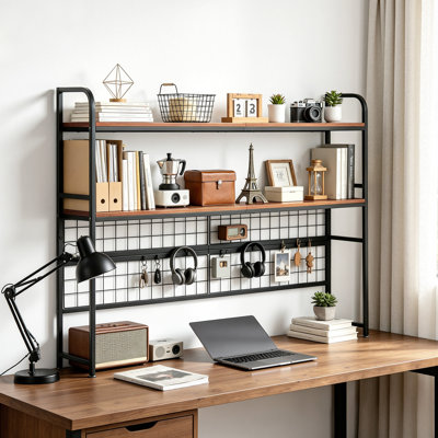 Bibliothèque de bureau de 45,3 po de largeur, rehausse de bureau à 2 niveaux avec structure en métal et tablettes, organisateur de rangement au-dessus du bureau avec panneau arrière pour bureau, salle de dortoir, salle d'étude, bureau d'ordinateur