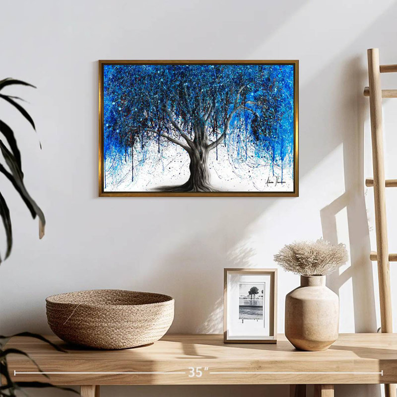 Arbre bleu au clair de lune, 19 po x 13 po, Cadre flottant doré