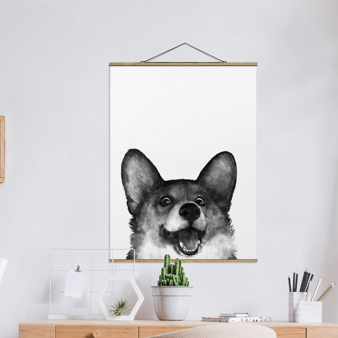 Poster Illustration Hund Corgi Weiß Schwarz von Laura Graves